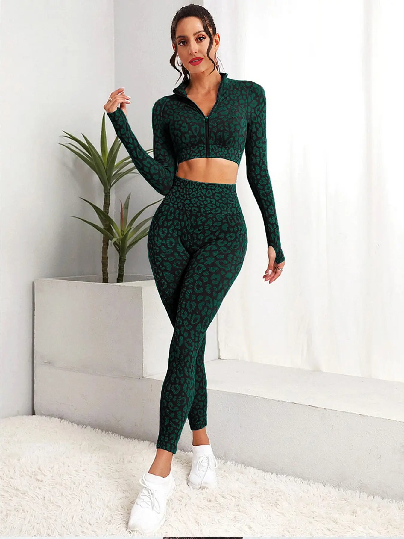 Autumn and winter sports and fitness suit zippered leopard print long-sleeved trousers