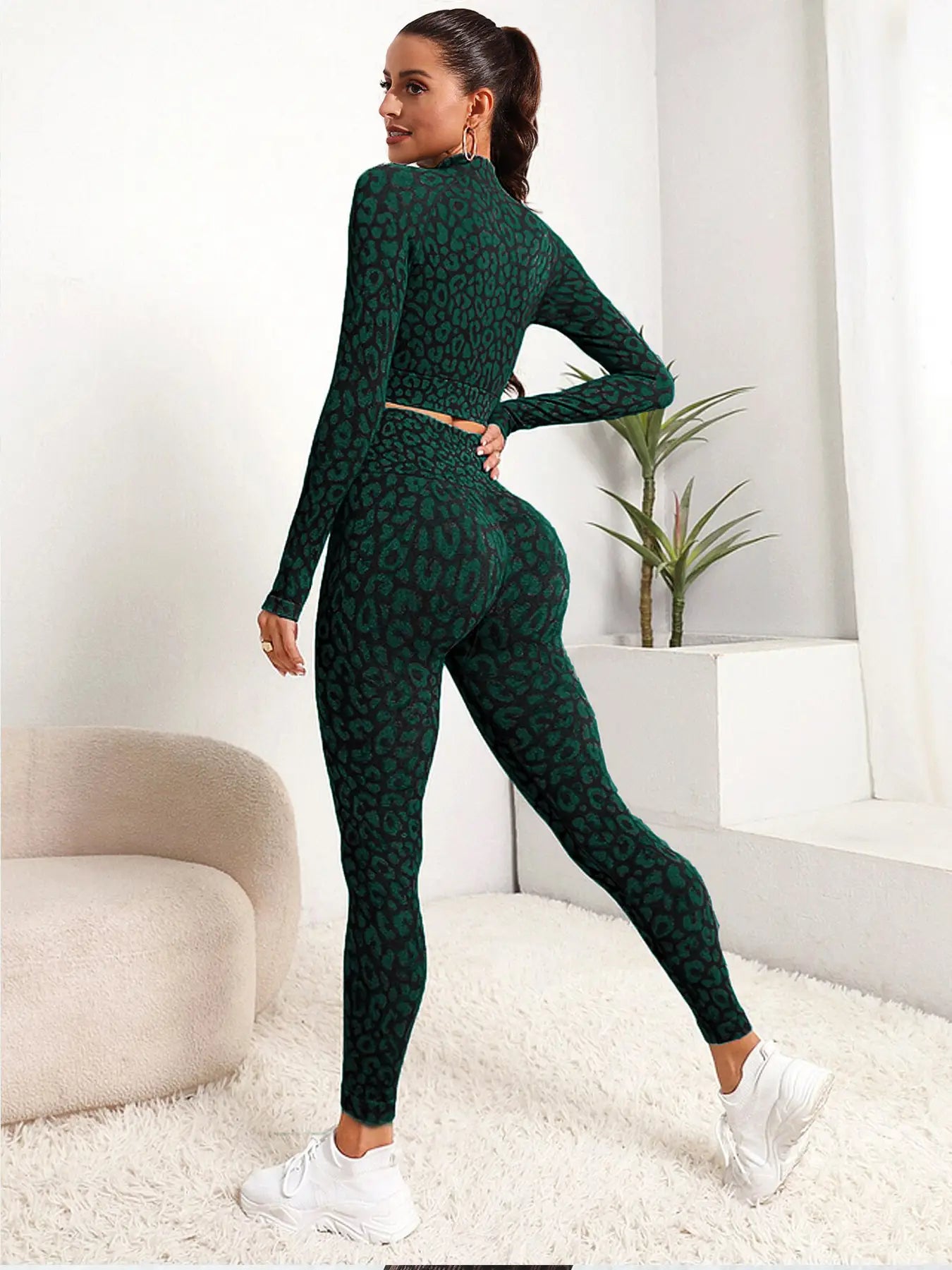 Autumn and winter sports and fitness suit zippered leopard print long-sleeved trousers